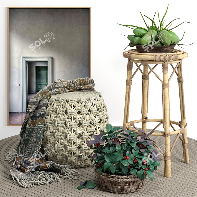 Cozy Ottoman Set: Puf, Blanket, Poster, Plant, Chair, Rug 3D model image 1