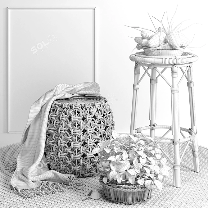 Cozy Ottoman Set: Puf, Blanket, Poster, Plant, Chair, Rug 3D model image 3