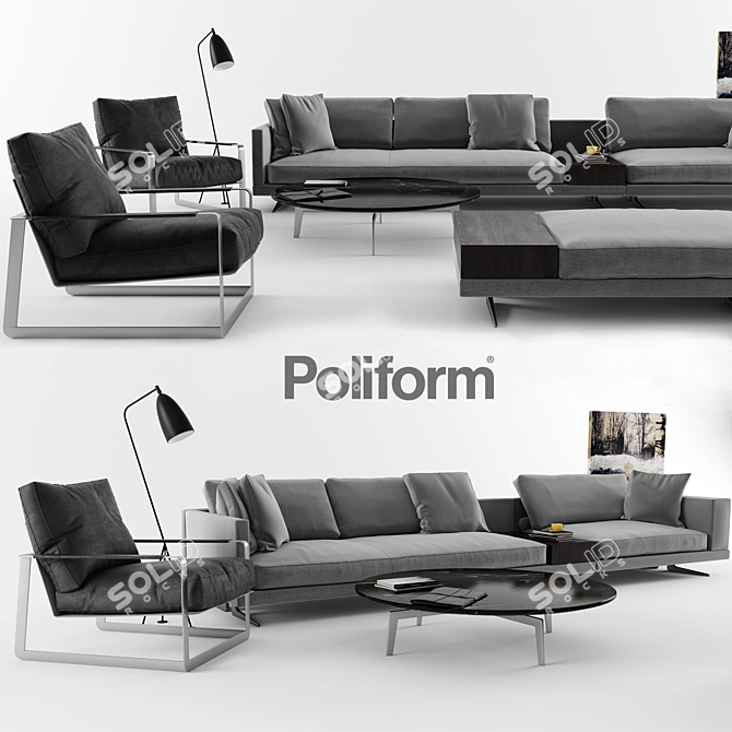 Poliform Set 05: Sofas, Armchair, Coffee Table 3D model image 2