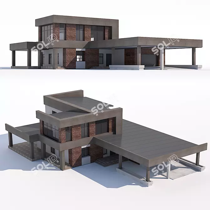 Modern Two-Story Home with Garage & Canopy 3D model image 1