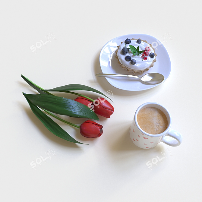 Morning Bliss: Coffee, Dessert, Tulips 3D model image 1