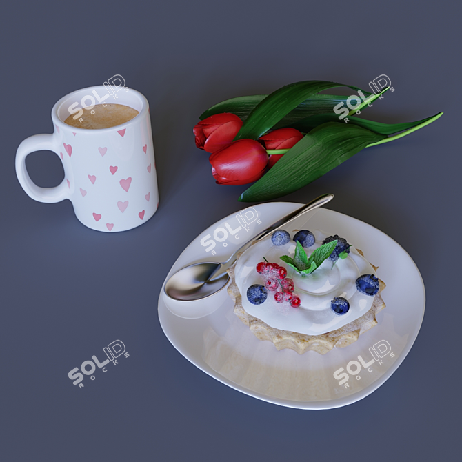 Morning Bliss: Coffee, Dessert, Tulips 3D model image 4