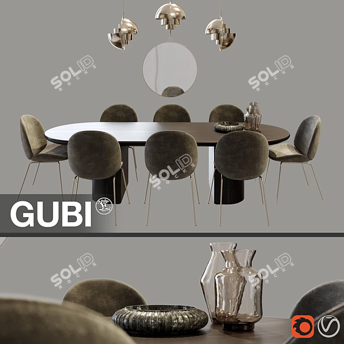 Modern Gubi Dining Set: Moon Table, Beetle Chair, Multi-Lite Lamps 3D model image 1