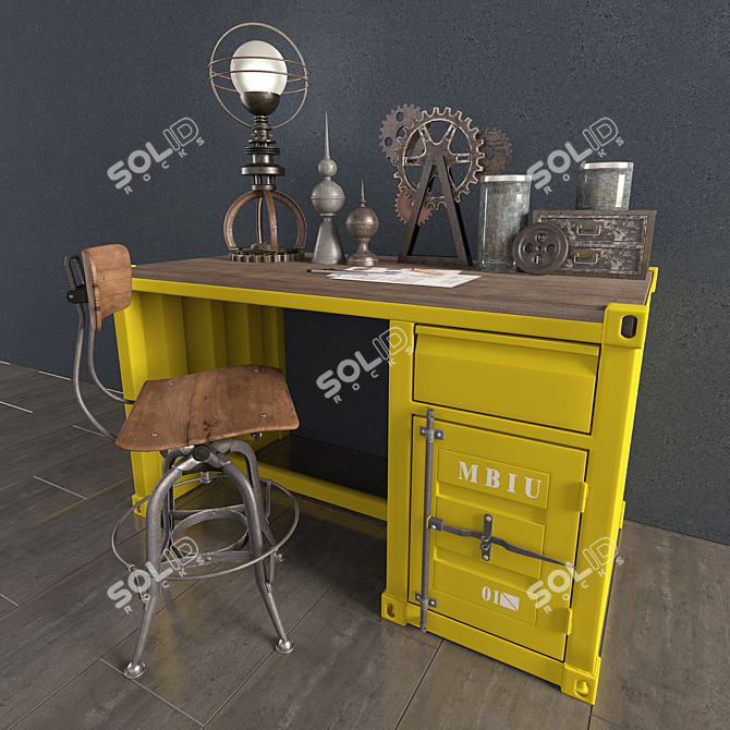 Vintage Industrial Desk & Chair Set 3D model image 1
