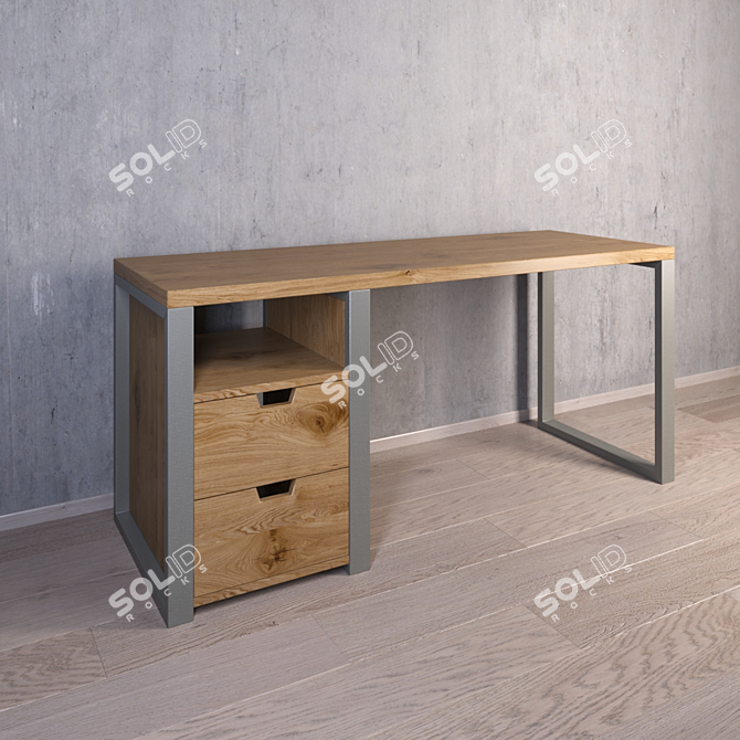 Industrial 1 Table: 2 Drawers, Shelf 3D model image 2