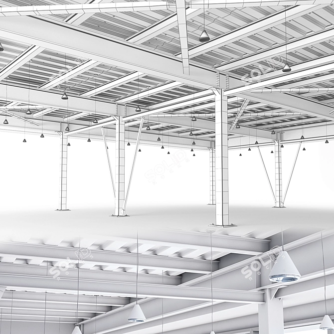 Metal Ceiling Beam System with Columns & Lighting 3D model image 3