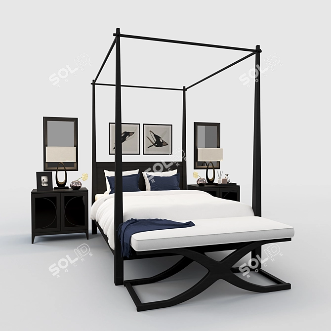 Elegant King Canopy Bed Set 3D model image 1