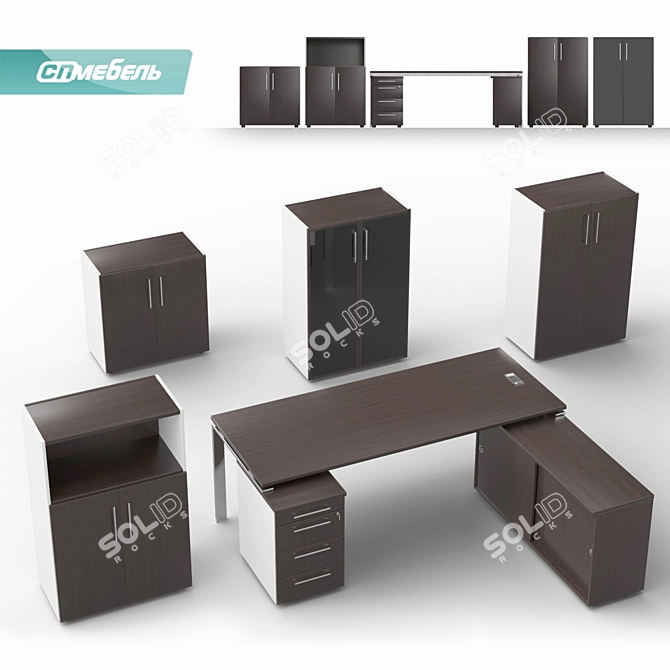 Bent Desk Set with Metal Frame for Manager 3D model image 1