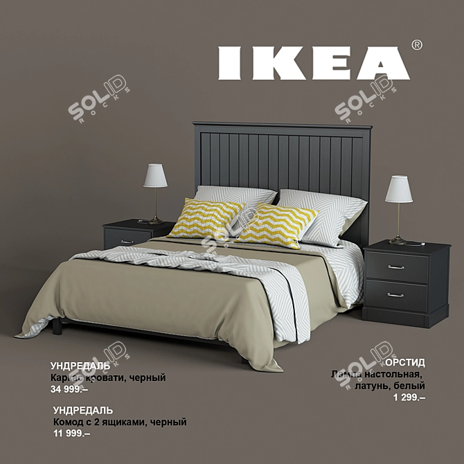 Title: Undredal Bedroom Set with Black Bed Frame, Two-Drawer Dresser, and Brass Table Lamp 3D model image 1