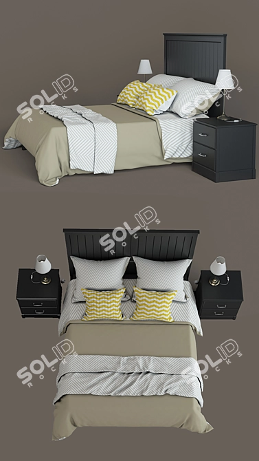 Title: Undredal Bedroom Set with Black Bed Frame, Two-Drawer Dresser, and Brass Table Lamp 3D model image 2