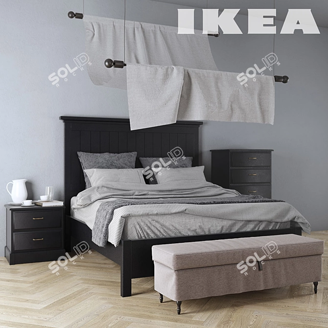 IKEA Bedroom Set: Undredal Bed, Nightstands, Numo Lamp, Stocksund Bench 3D model image 1