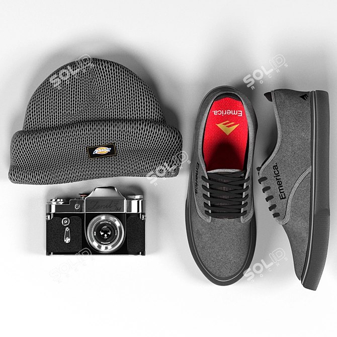 Vintage Hype Set: Zenit 3M Camera, Emerica Skate Shoes, Dickies Beanie 3D model image 2