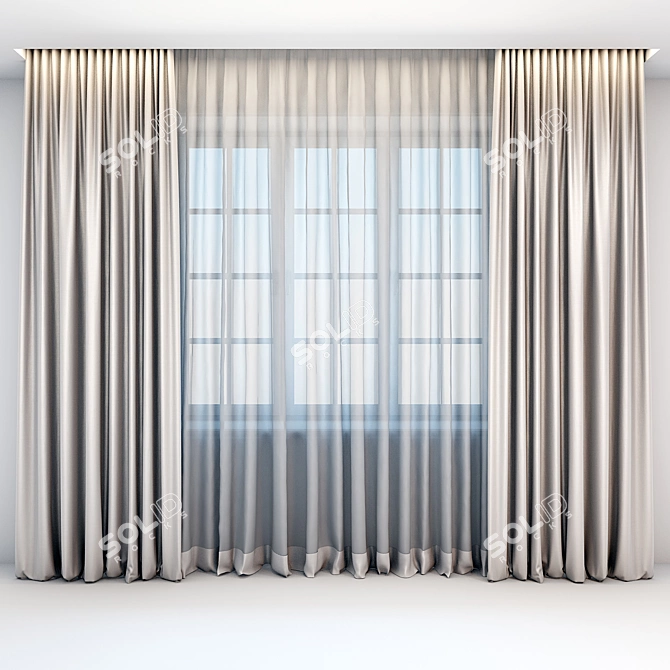 Title: Beige Satin Straight Curtains with Modern Tulle 3D model image 1