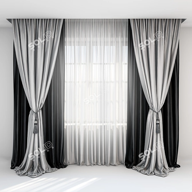 Title: Elegant Black Satin Curtains with Pick-up Brush & Tulle 3D model image 1