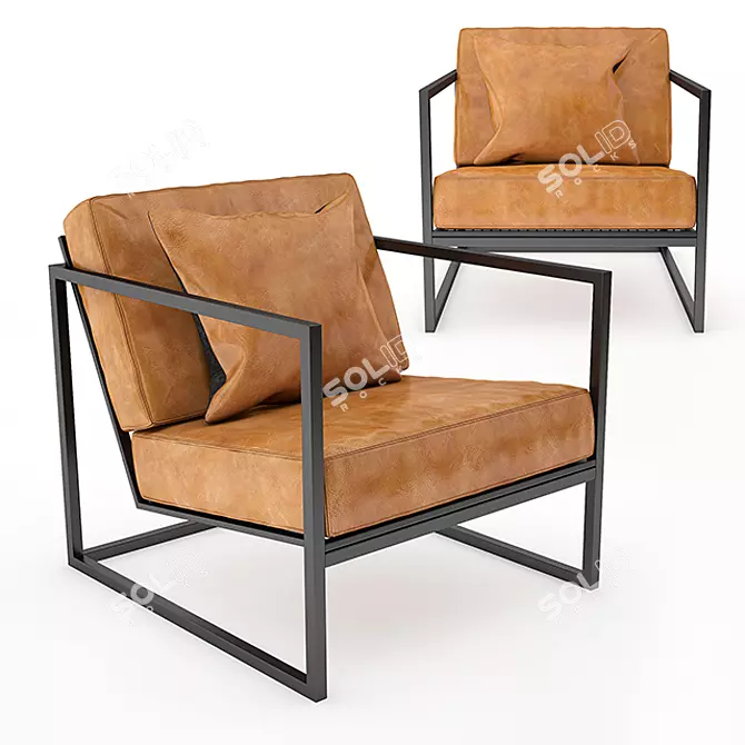 Sleek Black Metal & Tan Leather Armchair 3D model image 1