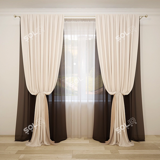 Elegant Curtain Combo: Straight + Central Tieback & Tulle 3D model image 1