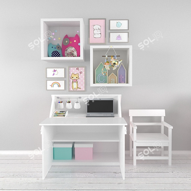 Nursery Desk Set: Stool, Table, Toys 3D model image 1