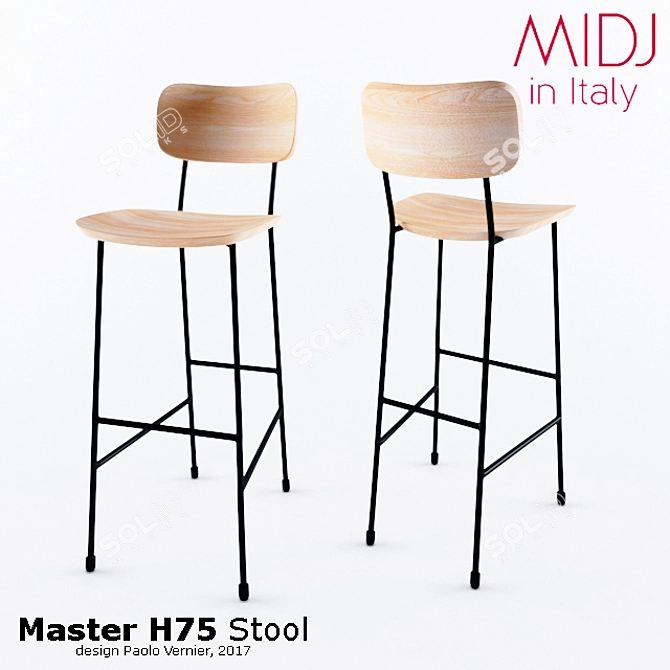 Italian Master H75 Stool: Elegant Steel Frame, Solid Wood Seat 3D model image 1