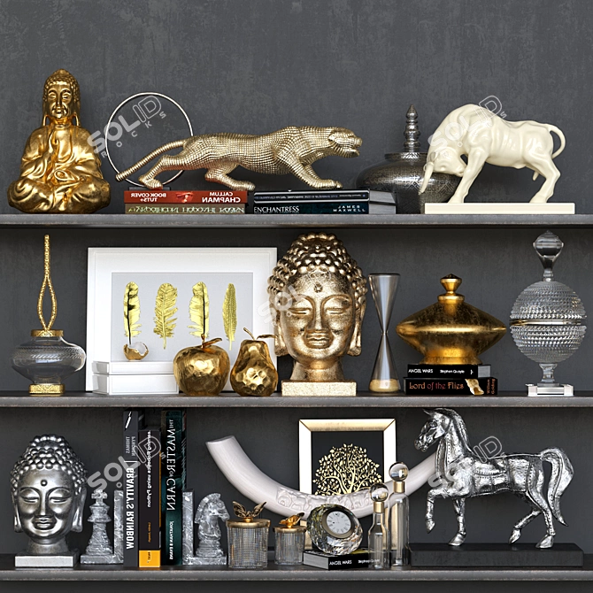 Golden Decor Collection: Figurines, Panels, Hourglass & Horn 3D model image 1