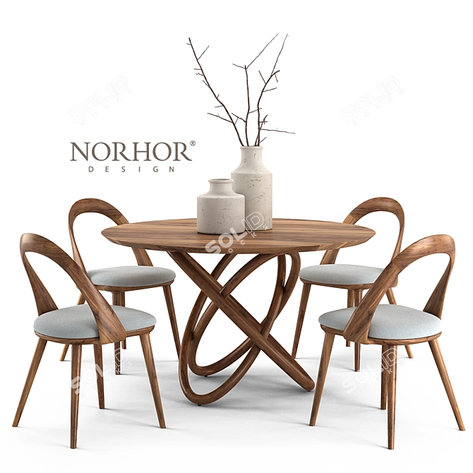 NORHOR Bergen Round Table & Walnut Chair 3D model image 1