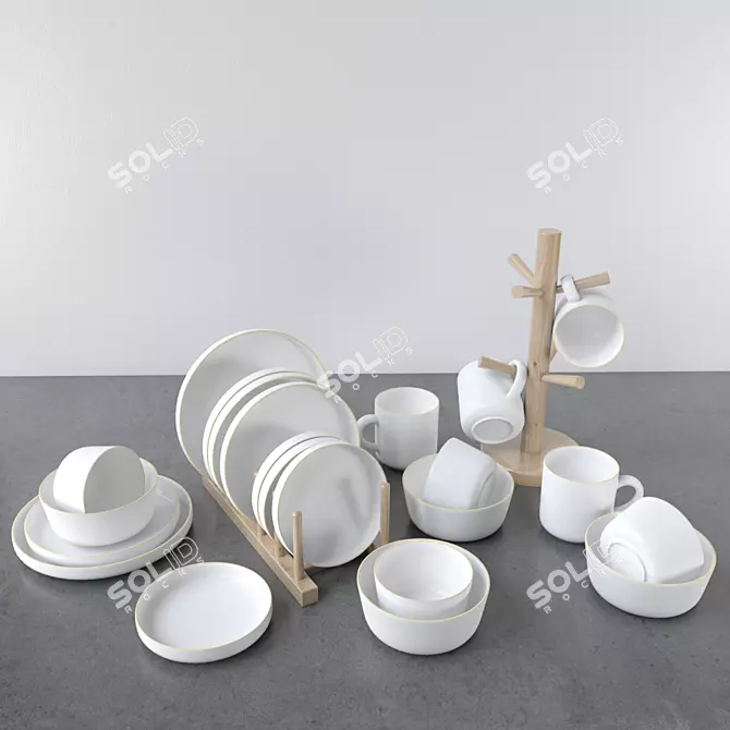 Luxurious White and Gold Dish Set 3D model image 2