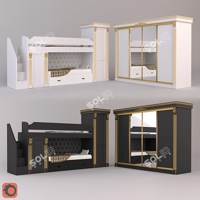 Multifunctional Bunk Bed with Wardrobe 3D model image 1