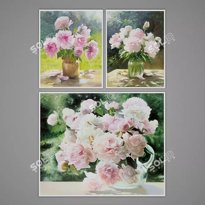 Elegant Peonies Oil Paintings 3D model image 1