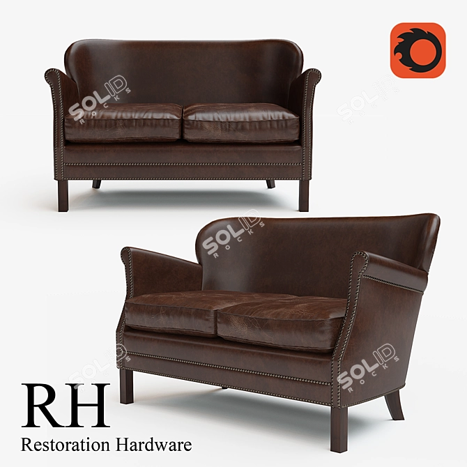 Luxury Leather Settee with Nailhead Detailing 3D model image 1