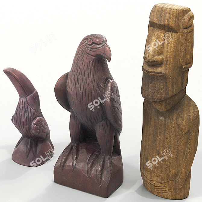 Wooden Statuette Collection: Moai, Eagle, Tucan 3D model image 1