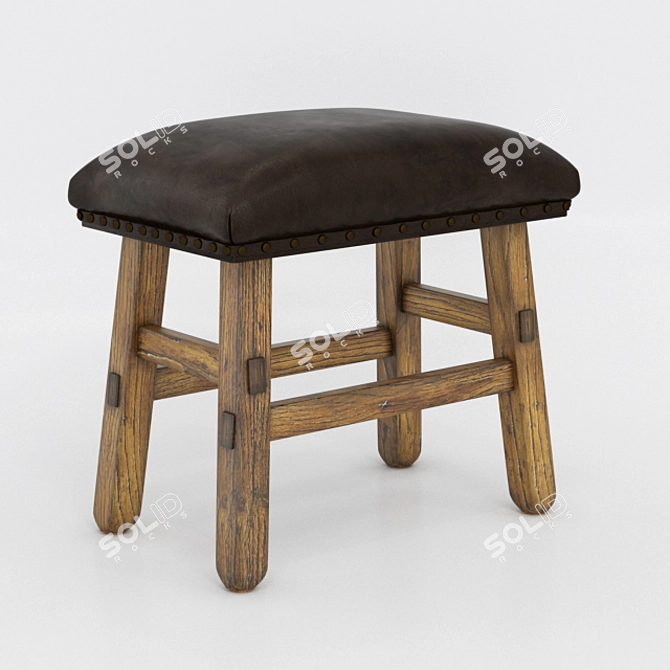 Vintage English Leather Stool | Handcrafted Wood & Genuine Aniline Leather Seat 3D model image 1