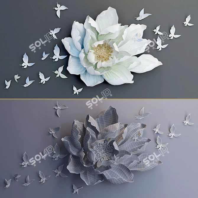 Luxurious Flower and Butterfly Wall Decor 3D model image 3