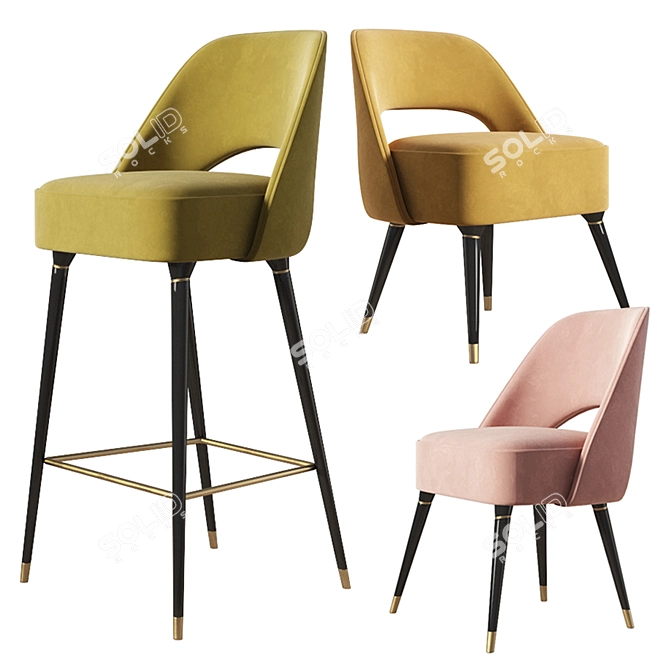 Mid-Century Velvet Chair Set 3D model image 1