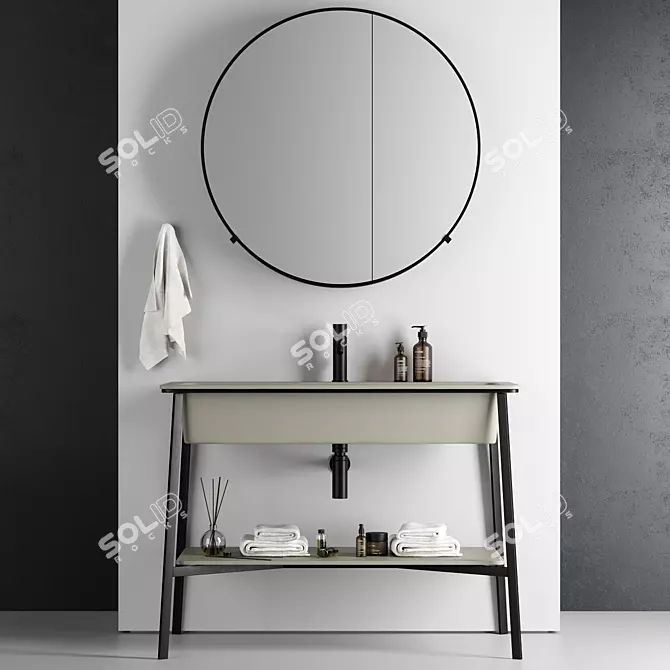 Modern Steel Wash Basin & Round Mirror 3D model image 1