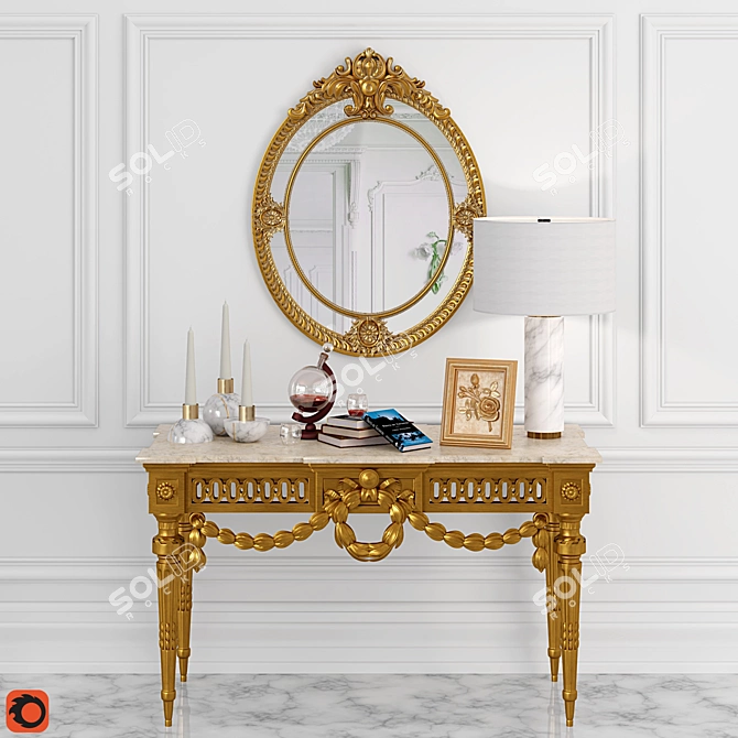 Elegant Louis XVI Gilt Wood Console w/ Oval Brown Resin Mirror 3D model image 1