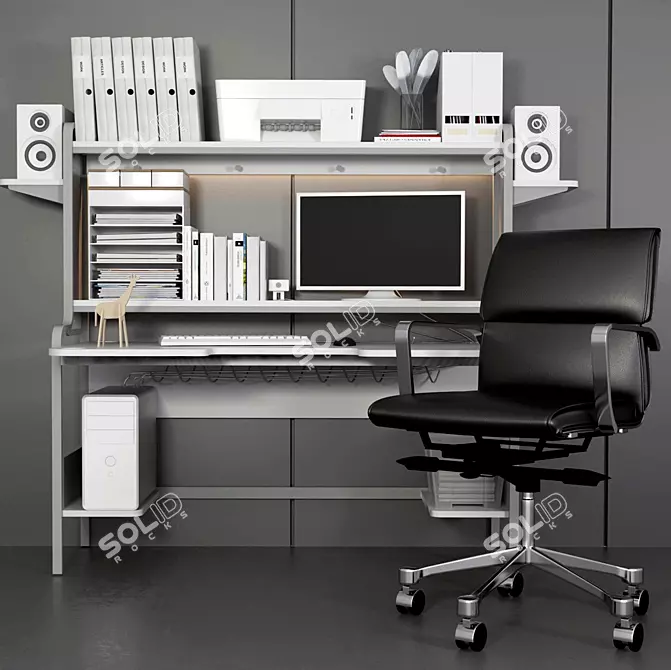 Modern Office Furniture Set: Table, Chair, Armchair, Computer, Folder, Stationery, Monoblock, Printer 3D model image 1