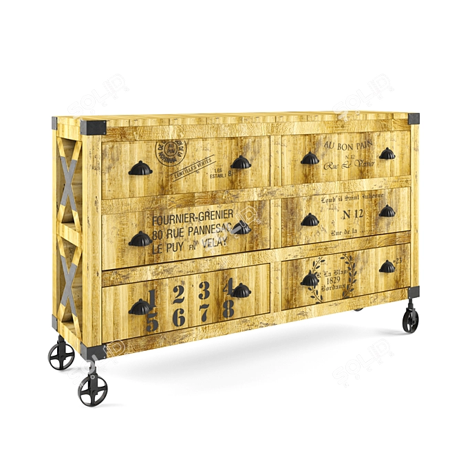 Industrial Mango Wood Buffet with Wheels 3D model image 1