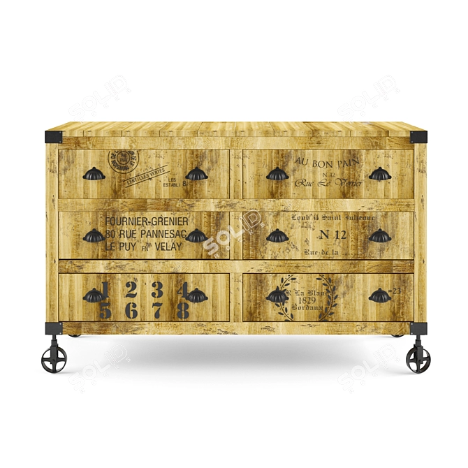 Industrial Mango Wood Buffet with Wheels 3D model image 2