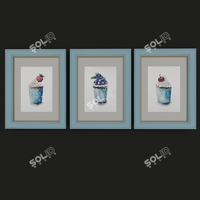 Watercolor Cupcake Trio 3D model image 1