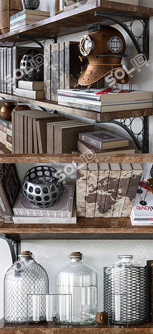 Industrial Loft Decor Set - Rustic Steel Shelves 3D model image 2