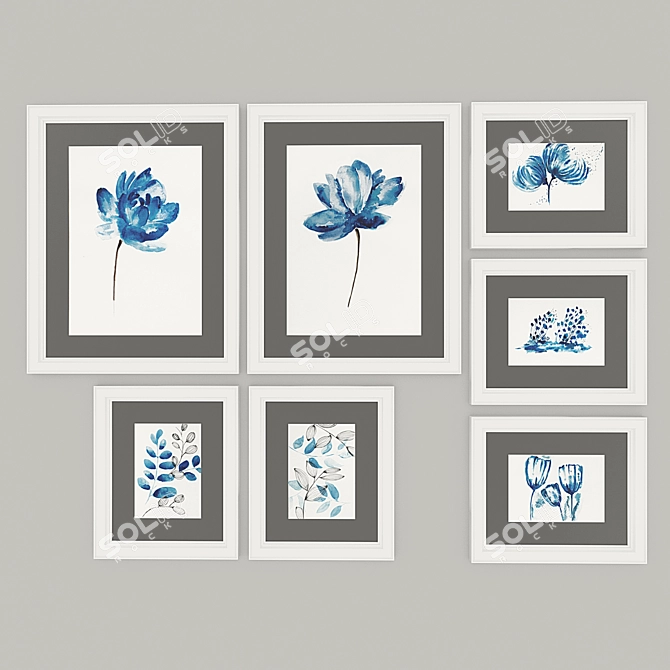 Blue Watercolor Floral Print Set 3D model image 1