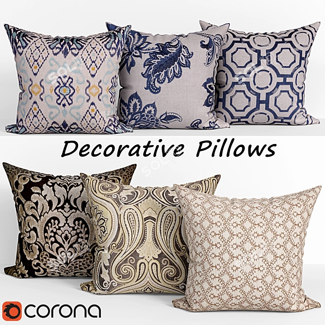 Decorative Pillow Set: Indigo Ikat, French Country, Distressed Geometric 3D model image 1