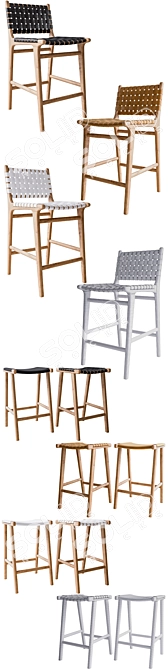 Elegant Leather Strapping Chair & Stools 3D model image 3