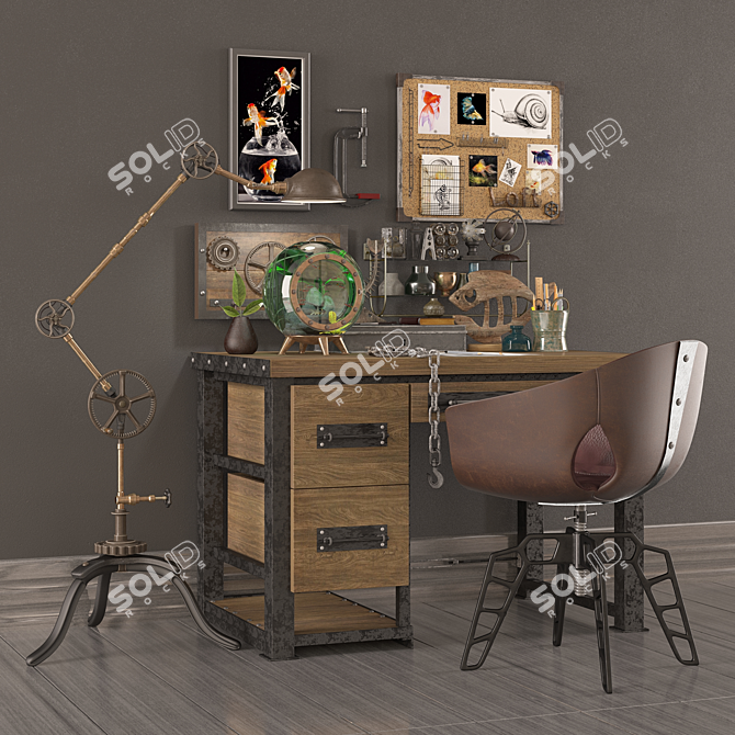 Industrial Loft Writing Desk & Round Aquarium 3D model image 1