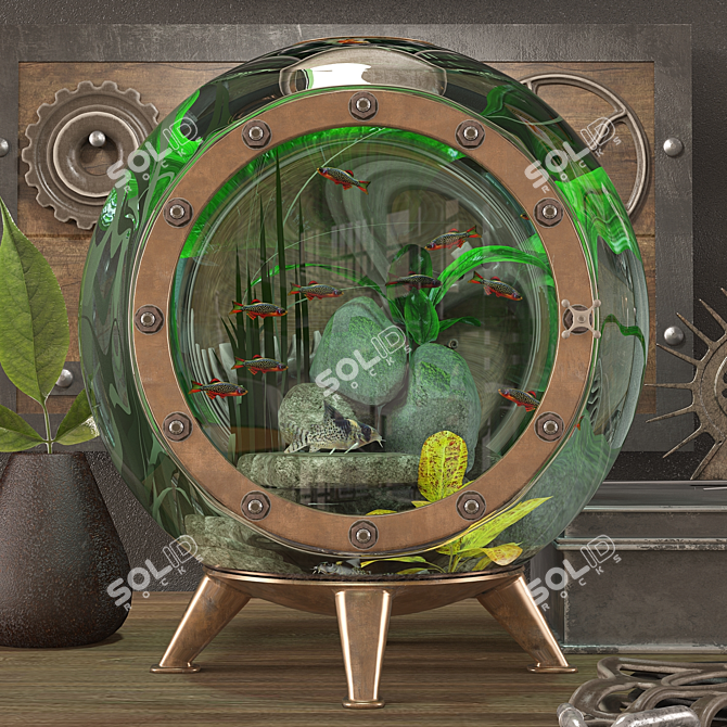 Industrial Loft Writing Desk & Round Aquarium 3D model image 2