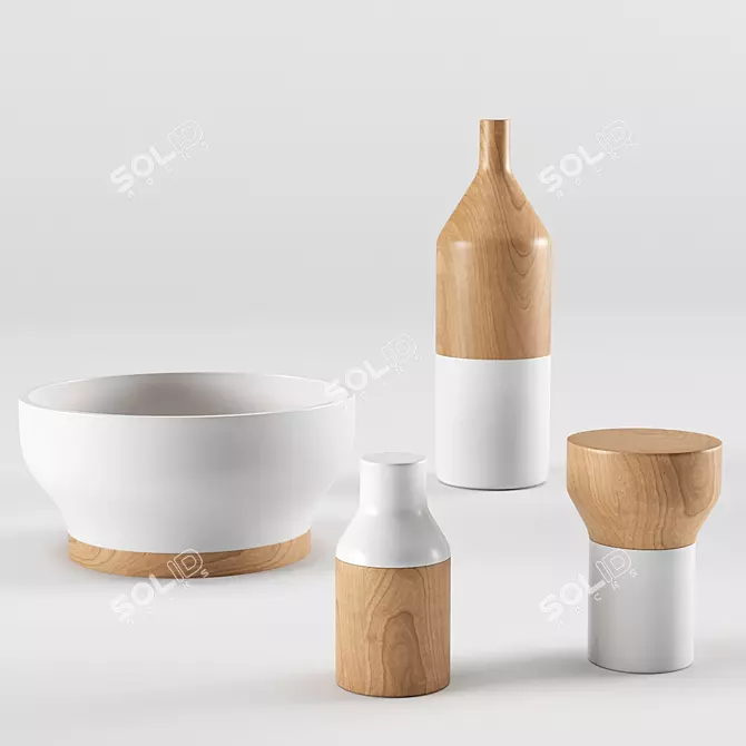 Harmonious Fusion: Ceramic & Wood Tableware 3D model image 1