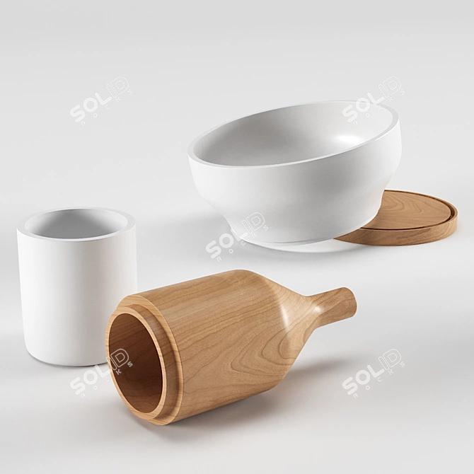 Harmonious Fusion: Ceramic & Wood Tableware 3D model image 3