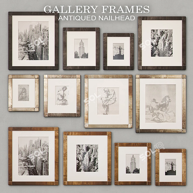Rustic Nailhead Gallery Frames - Antique Brass & Zinc - Vintage Style 3D model image 1