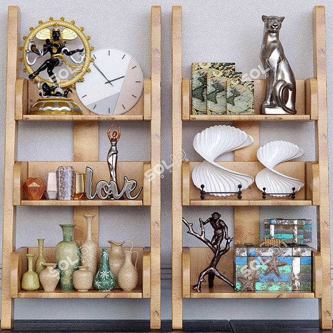 Elegant Decor Rack: Figurine, Books, Vase, Sculpture, Buddha, Clock 3D model image 1