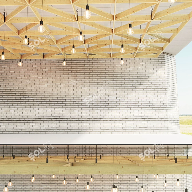 Wooden Suspended Ceiling with Edison Pendant Lights 3D model image 2