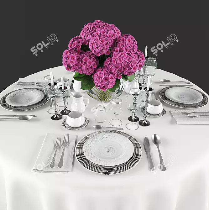 Elegant Hydrangea Table Setting 3D model image 1